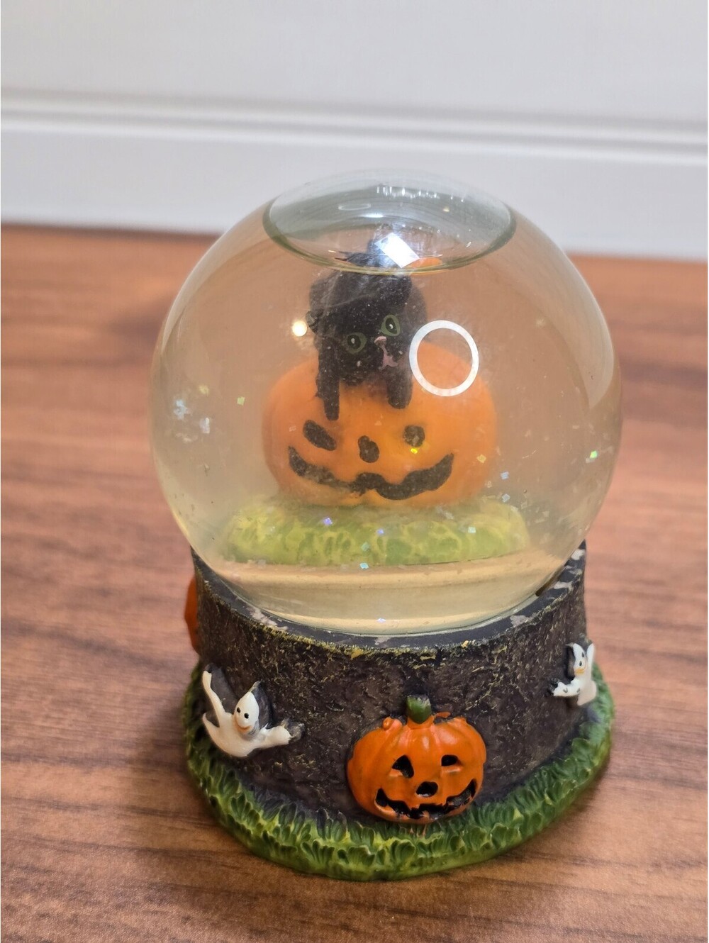 Vintage Greenbrier International Halloween Snow Globe Black Cat Jack O Lantern